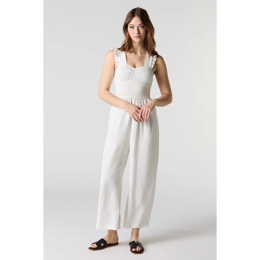 White Smocked Cotton/Linen Romper w/Side Pockets Small SAME DAY SHIP or NEXT DAY